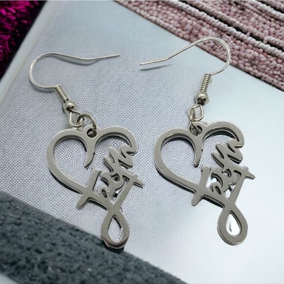 Faith Script Heart Stainless Steel Dangle Earrings Christian Religious Jewelry - Picture 3 of 7